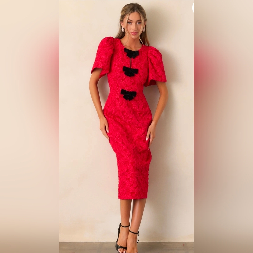 Sugarlips Red Textured Midi Dress with Black Bow Accents